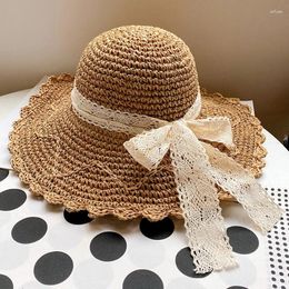 Wide Brim Hats 2023 Women's Summer Bucket Folding Lace Bow Crochet Straw Hat Panamas UV Protection Big Sun Visor Seaside Beach