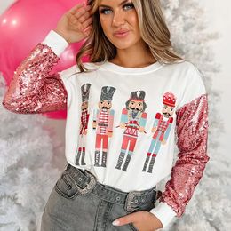 Women s Down Parka Christmas Sequin Sleeve Top Sweatshirt Ladies 2024 Year Nutcracker Crew Neck For 231120