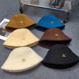Winter Alpaca Fleece Fisherman Hat Ladies Warm Triomphe Bucket Basin Hat Female Letter Printed Wide Brim Hats