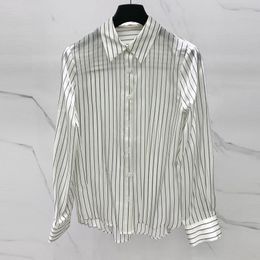 Women's Blouses Vintage Sole-Silk White Striped Fashion Office Single Breasted Lapel Shirts Elegant Women Long Sleeve Loose Tops