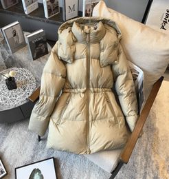 Winter women's down hooded collar jacket with thick and warm black outdoor sports medium length down jacket