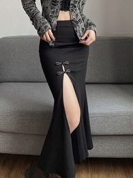 Skirts TARUXY Black High Split Out Mermaid Summer Casual Slim Bodycon Midi Skits For Women Gothic Y2k Streetwear 230420