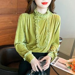 Women's Blouses Corduroy Fashion Ruffle Vintage O-Neck Ladies Clothing Loose Long Sleeves Spring/ Autumn Solid Women Tops YCMYUNYAN