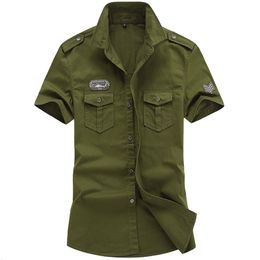 Men's Casual Shirts Solid Color Cotton Men's Shirts Short Sleeve Turn-down Collar Army Green Khaki Men Tops Casual Male Camisas shirt 6XL 230420