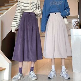 Skirts Solid Skirt Women New High Waist Corduroy Skirt Casual A-line Vintage Skirt Chic Midi Long Skirt Autumn Winter Pleated Skirts P230420