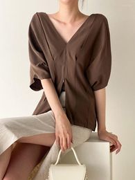 Women's Blouses Women Summer Blouse Temperament South Korean French Style V-neck Exposed Collarbone Split Fit Bat Sleeve Shirt Top D3185