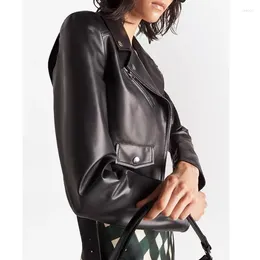 Women's Leather 2023 Genuine Jacket Spring And Autumn Top Layer Lambskin Short Style Small Coat Black Motorcycle