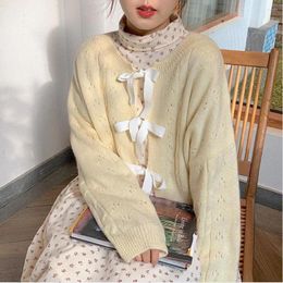 Women's Knits Women Sweaters Warm Mesh Knitting Bow O-Neck Long Sleeve Cardigan Fashion Korean Style Fall Clothing