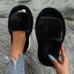 Slippers Women's Shoes Quality Luxury One Word Thick Sole Warm Plus Velvet Home Women Plush Open Toe Cotton