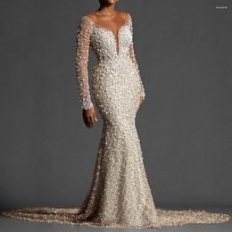 Party Dresses Pearls Beaded Elegant Mermaid Dress Fashion And Luxurious V-Neck Long Sleeves Court Train Custom Wedding For Woman 2023