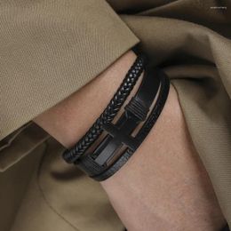 Charm Bracelets Personalized Multi-layer Leather Design Men's Bracelet Alloy Magnetic Buckle Cross Hand Woven Imitation Cowhide Jewelry