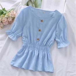 Women's Blouses 2023 Chiffon Blouse Tops Crew Neck Pleated Solid Colour Waisted Women's Casual Top Fashion Korean PZ4529