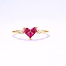 Cluster Rings ALLNOEL 14K 585 Yellow Gold 18K 750 K For Women Red Corundum Heart Sweet Romance Anniversary Gift Fine Jewellery 24k