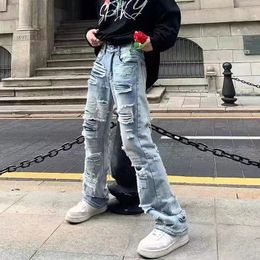 Mens Jeans Ripped Hole Retro Washed Streetwear Distressed Casual Baggy Denim Trousers Harajuku Straight Vibe Style Loose Pants 230420