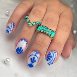 False Nails Blue And White Porcelain Fake Short Round Chinese Painting Flowers Artificial Nail Patch Press On Tips Full Cover