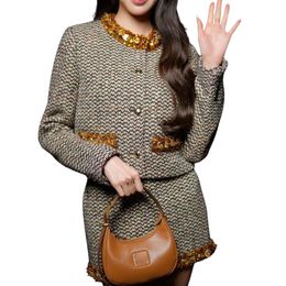 24SS FW Women Designer Skirts With Sequins Diamonds Girls Vintage Milan Runway Brand Embroidered Tweed Miniskirt High End Custom Designer A-Line Mini Dress Outwear