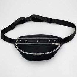 Evening Bags Stylish Chain Waist Bags For Women PU Leather Black Waist Pack Female Fanny Pack Wide Strap Crossbody Chest Bag 2022 Trend J230419