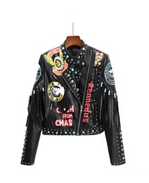 Women's Pu Leather Jackets Graffiti Floral Letter Animal Print Punk Motorcycle Biker Zip Rivet Chain Waist Woman's Coats Contrast Colour Outerwear 26947