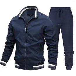 Men's Tracksuits Casual Jacket Lightweight Zip Up Long Sleeve Stand Collar Stripe Print Pocket Sportswear Coat And Pants Formal Wear