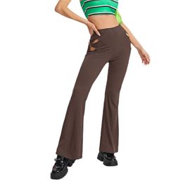 Women's Pants & Capris Women Clothing Polyester Fashion Flare Solid Colour High Waist Chic Hollow Out Stretch Bell-Bottomed Trousers