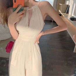 Women's Jumpsuits Rompers 2023 Women Jumpsuit Summer Sexy Halterneck Sleeveless White Jumpsuits High Streetwear Bodycon Wide Leg Romper P230419