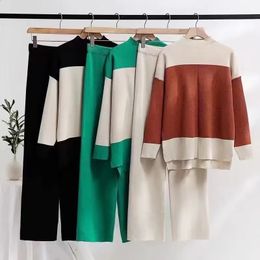 Womens Two Piece Pants Zipper Set Casual Sweater Colour Contrast Block Autumn Winter Knitted Loose Sleeve Elegant Top Elastic 231118