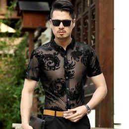 Men's Casual Shirts Men Club Party 2023 DJ Prom Shirt Short Sleeve Chemise Homme Transparent Flower See Through Lace