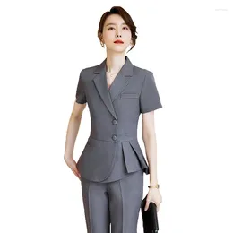 Women's Two Piece Pants High-Quality Korean Spring Fashion Short Sleeve Blazer And Pant Suit Women Female Office Ladies Business Work Wear