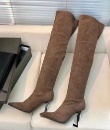 Luxury Designer Winter Opyum Over-the-knee Boots Point-toe Knee-high Suede & Leather Boot High Heels Party Dress Lady Famous Walking Booties EU35-43 With Box