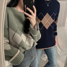 Women's Sweaters Fall Winter Vintage Loose Knitted Sweater & Jumpers Women Square Plaid Pullovers Cable Knit Tops 2023