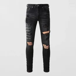 Men's Jeans High Street Fashion Men Retro Black Grey Stretch Skinny Fit Ripped Embroidery Patch Designer Hip Hop Brand Pants