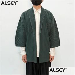 Men'S Suits & Blazers Mens Suits Alsey Miyake Pleated Drape Simple Men Jacket Fashion Coats Button Turndown Collar Black Formal Smart Otc8I