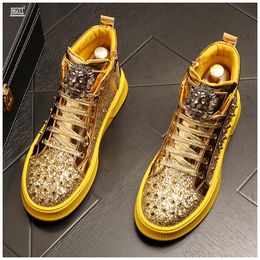 Designer Gold Green Boots Mens Banquet Prom Dress Printing Rivet Shoe Flat Platform Sneaker Casual Boot Zapatos De Hombr fcd