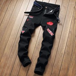 Men's Jeans Black Embroidered Denim For Men Rose Trendy Brand Slim Small Foot Casual Stretch Party Nightclub Design Pants