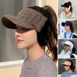 Wide Brim Hats Autumn Winter Women Sun Hat Empty Top Twist Pattern Patchwork Ear Protector Keep Warm Windproof Knitting Baseball For Trip