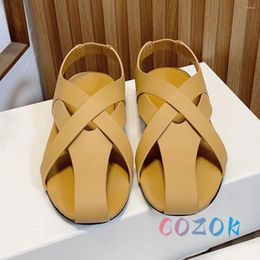 Sandals Retro Light Tan Cross Hollow Belt Flat Casual Real Leather Women's Round Toe Shoes Summer