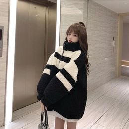 Women's Hoodies 4XL Black Turtleneck Hoodie Women Harajuku Kpop Jacket Loose Hip Hop Zip Up Tops Winter Sweatshirt Cool Patchwork Female