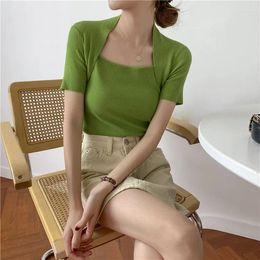 Women's Sweaters Square Neck Top 2023 Summer Exposed Collarbone Ice Silk Hanging Shoulder Knitted T-shirt Short Sleeve Tight Bottomed