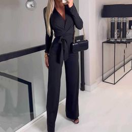 Women's Jumpsuits Rompers Retro Autumn Long Sleeve Waist Office Lady Romper Solid Slim Wide Leg Pants Playsuit Women Sexy V-neck Lace Up Straight Jumpsuit P230419