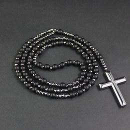 Strands Strings Arriveal Matte Black Stone Beads with Hematite Faced Beads Cross Pendant Necklace Mens Jewellery Rosaray NSN013 230419