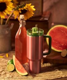 Watermelon Moonshine Bronze H2.0 Adventure Quencher 40oz Rose Gold Quencher Cup Tumbler With Green Lids With Handle And Straw