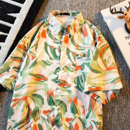 Men's Casual Shirts Mafokuwz Japan Retro Top Oil Painting Short Sleeved Floral Shirt Men Summer Hong Kong Trend Hawaiian Half Blouse