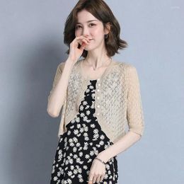 Women's Jackets 2023 Crochet Knitted Women Summer Fashion Style Short Sleeve Shrug Hollow Out Cardigan O-Neck Button Down Sheer Crop Top