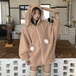 Women's Hoodies Kawaii For Women Autumn Winter Clothes Korean Cute Hooded Ears Fur Ball Loose Zipper Plush Fleece Sweatshirt Coat