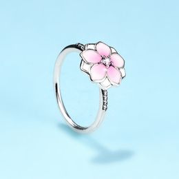 925 Sterling Silver Magnolia Bloom, Pale Cerise Enamel & Pink CZ Ring Fit Pandora Jewellery Engagement Wedding Lovers Fashion Ring