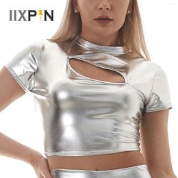 Women's T Shirts Women Sexy Crop Top Holographic Wetlook Metallic Camis Shiny Short Sleeve T-shirt Club Party Dance Tops Festival Costume