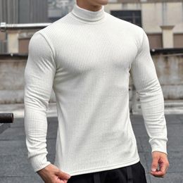 Men's T Shirts Autumn Winter High Neck Sweater Fashion Casual Clothing Sports Fitness Elastic Long Sleeve Bottom Shirt