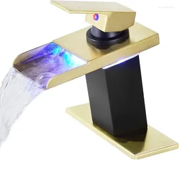 Bathroom Sink Faucets Matte Black & Brushed Gold Faucet With LED 3 Colours Changing Waterfall Spout Basin