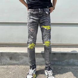 Men's Jeans Street Fashion Men Retro Black Grey Stretch Skinny Ripped Yellow Leather Patched Designer Hip Hop Brand Pants