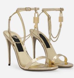 Designer Calfskin Sandals Shoes Charm-embellished Chain Gold Black Patent Leather High Heels Party Dress Wedding Gladiator Sandalias EU35-43